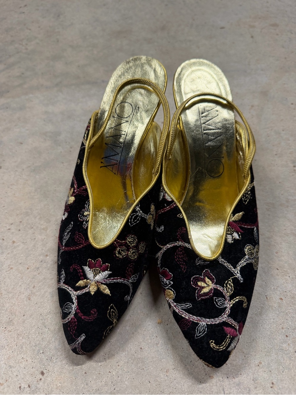 Embroidered Black & Gold Slingback Mules